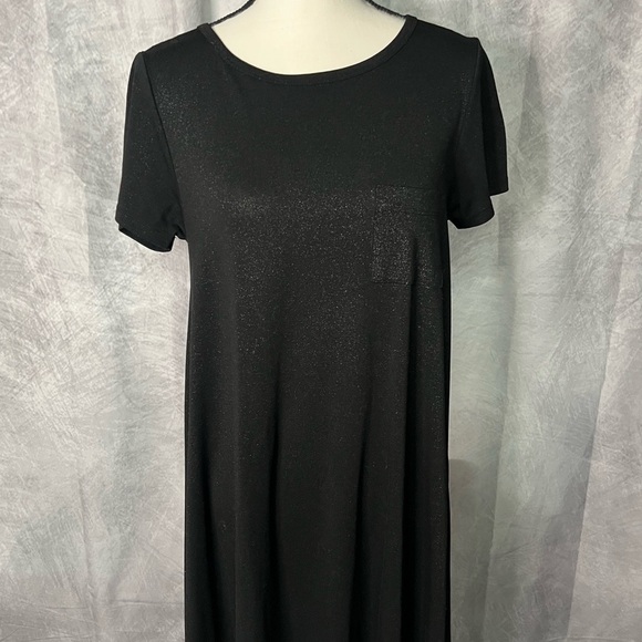 LuLaRoe Carly Elegant Black & Glitter Short Sleeve Swing Dress with High-Low Hem - Picture 2 of 11